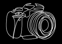 a line drawing of a camera on a black background