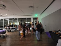 a group of people are dancing in a large room