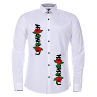 a white shirt with roses on it