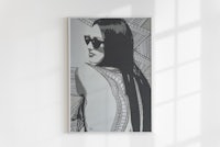 a black and white painting of a woman wearing sunglasses