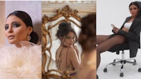 three pictures of a woman sitting in a chair and posing in front of a mirror