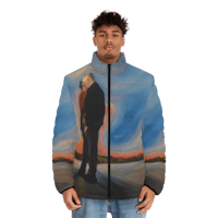 a man wearing a jacket with a painting on it