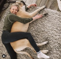 a woman hugging a large dog on a rug