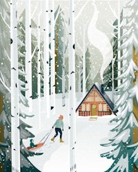 a winter scene with a house and sled in the woods