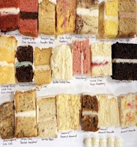 a variety of different types of cake on a white background