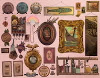 a collection of various items on a pink background