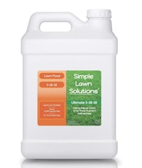 a gallon of simple lawn solutions on a white background