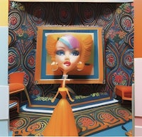 a doll is sitting in a colorful box