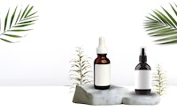two bottles of essential oils on a white background with palm leaves