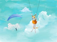 a dog is flying with a parachute in the sky