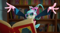 a cartoon character reading a book in front of a bookshelf