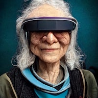 an old woman wearing a virtual reality headset