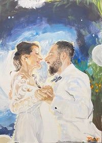 a painting of a bride and groom kissing