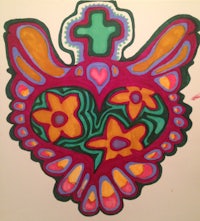 a colorful drawing of a heart with a cross on it