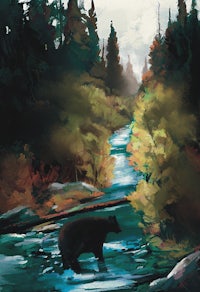 a painting of a bear crossing a stream