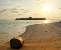 a wooden log sits on a sandy beach at sunset