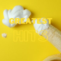 a banana on a yellow background with the words'greatest hits'