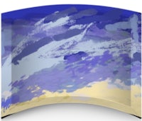 a blue and yellow abstract painting on a curved tray