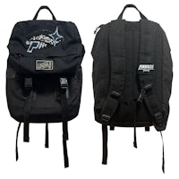 a black backpack with a logo on it