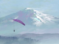 a painting of a person paragliding over a mountain