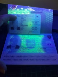 a person holding a passport in front of a blue light