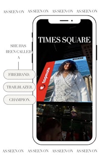 a phone with the words times square and a picture of a woman