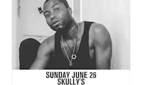 a black and white photo of a man in a tank top with the words sunday june 22 skully's