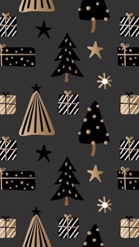 a black and gold christmas pattern with christmas trees and stars