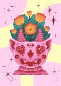 an illustration of a pink pot with flowers in it