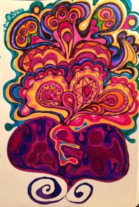 a colorful drawing of a flower with swirls on it