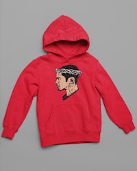 a red hoodie with a drawing of a boy's head on it