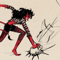 a drawing of a devil throwing a rock