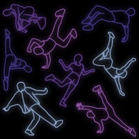a set of neon silhouettes of dancers on a black background
