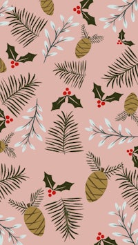 holly leaves and pine cones on a pink background