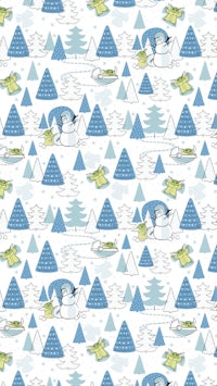 a blue and white pattern with snowmen and trees
