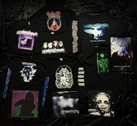 a collection of black t - shirts and cds