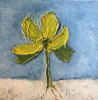 a painting of a yellow flower on a blue background