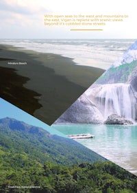 a collage of pictures of a waterfall and a beach