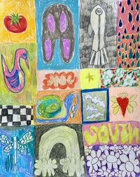 a child's drawing of various shapes and colors