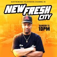 a poster for new fresh city with a man in a hat