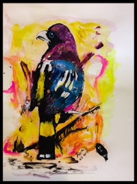 a painting of a colorful bird on a branch