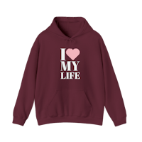 a maroon hoodie that says i love my life