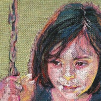 a painting of a little girl holding a stick