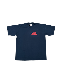 a blue t - shirt with a red logo on it