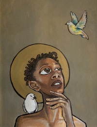 a painting of a woman with a dove on her head