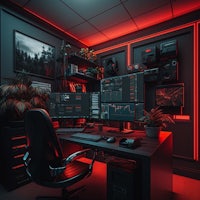 a computer room with red lights and a desk