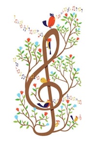 a treble clef with birds and flowers on it