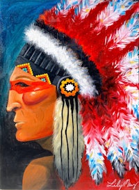a painting of an indian man wearing a feathered headdress