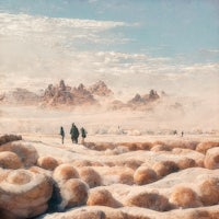 a group of people walking through a desert