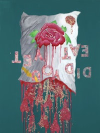 a painting of a pillow with blood dripping from it